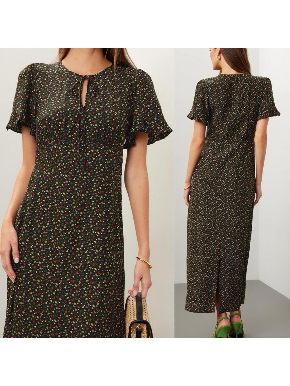 HVN TENDER LOVING CARE Fruit Print SILK Dawn Midi Dress - Sz 4 Flawed